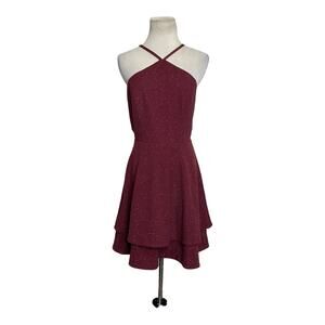 Speechless shimmery red Y neck layered skirt mini dress size M